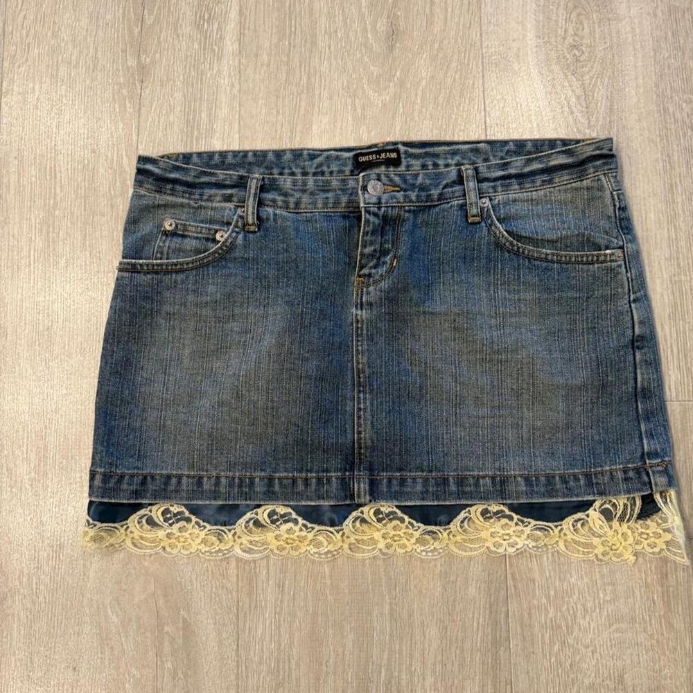 Y2k Guess Jeans denim mini skirt with lace trim.